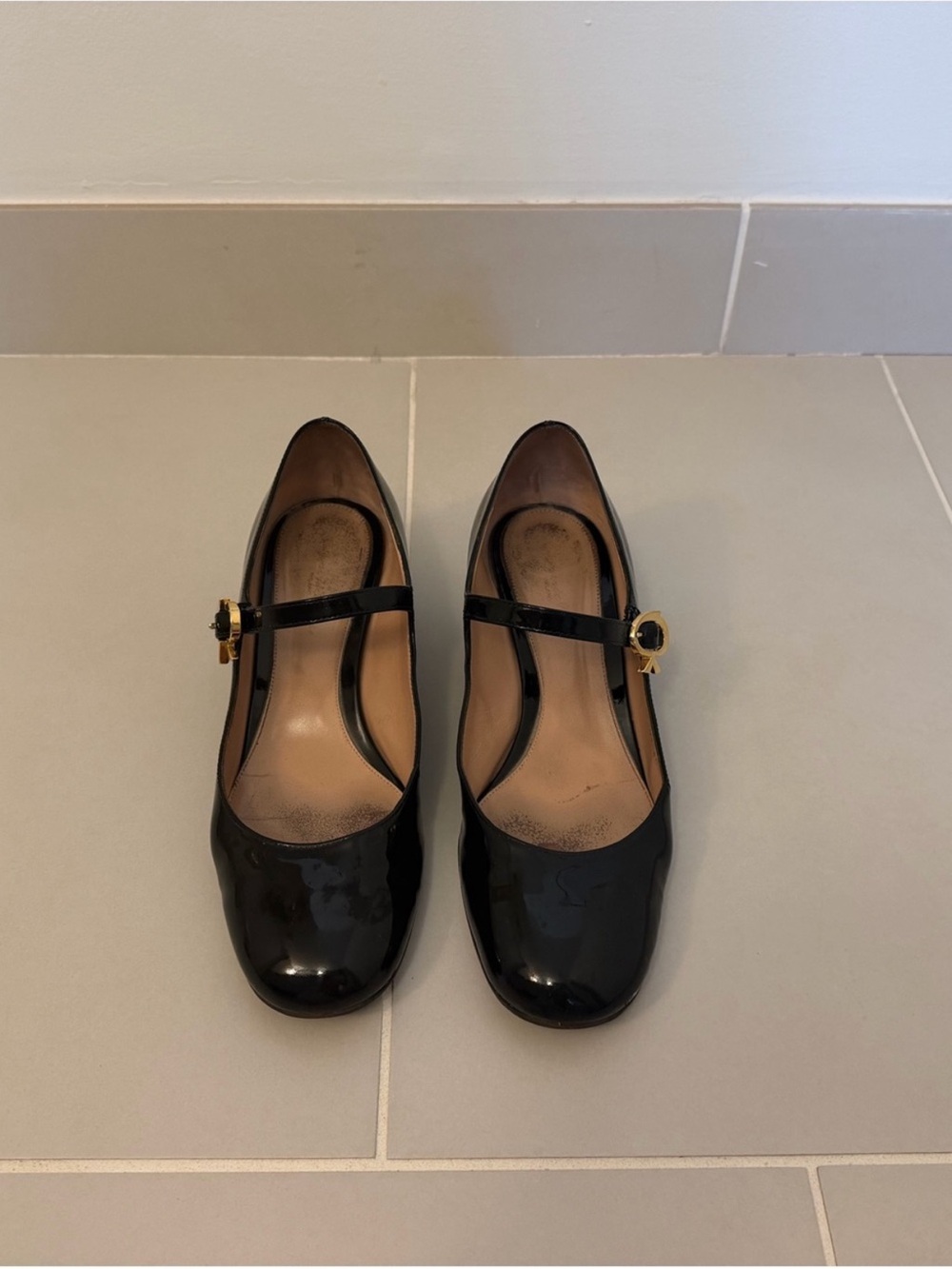 Gianvito Rossi Black Patent Mary Jane Heels with Gold Buckle